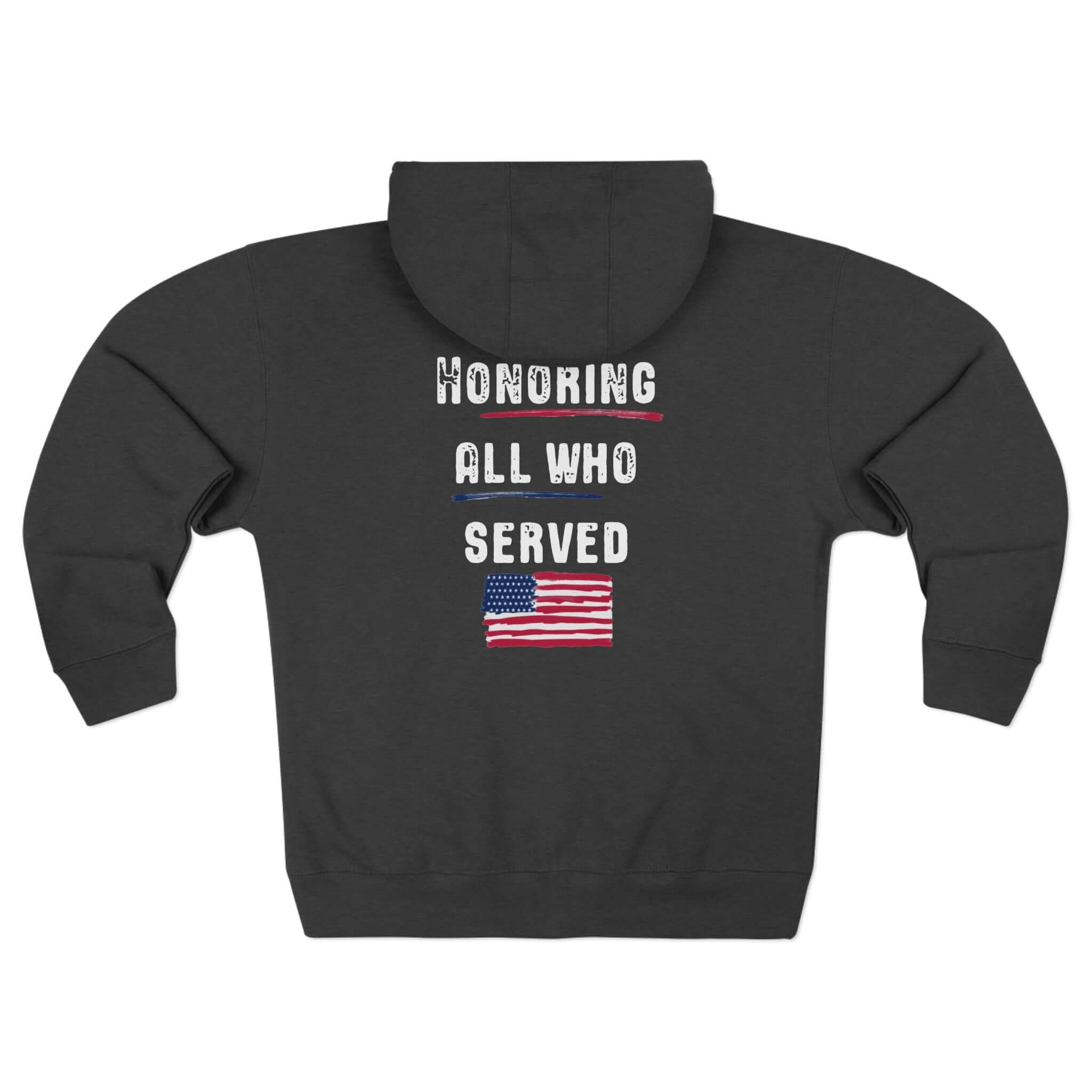 Black hoodie with 'Honoring All Who Served' text and American flag on a white background