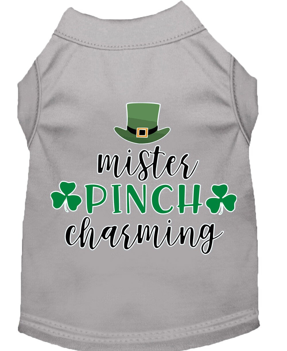 Gray dog shirt with St. Patrick's Day design and text on a white background