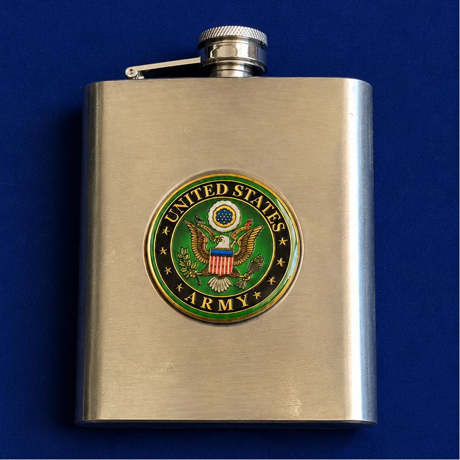 Metallic flask with U.S. Army emblem on a blue background
