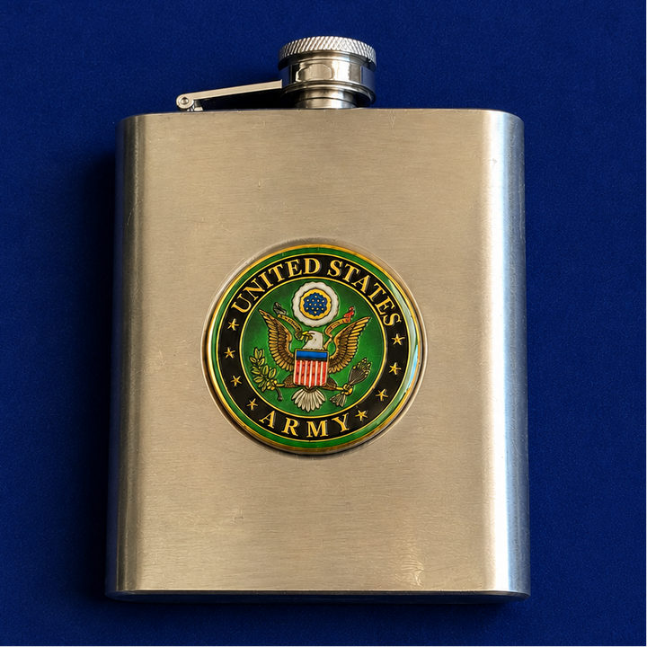 Metallic flask with U.S. Army emblem on a blue background