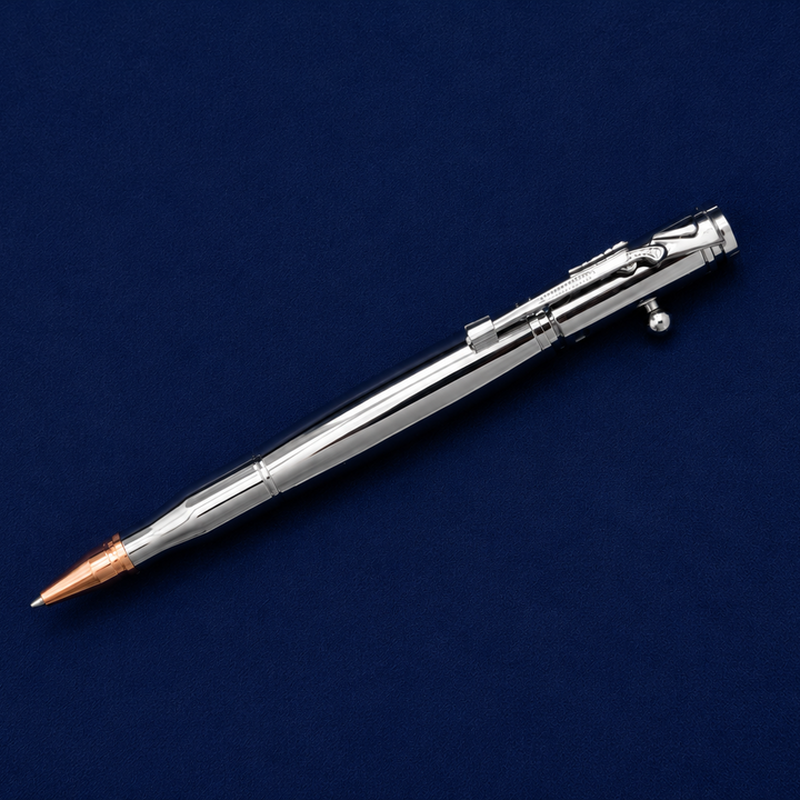 HFSN Metal rifle bullet pen with polished silver finish and copper-colored tip displayed on a blue background.