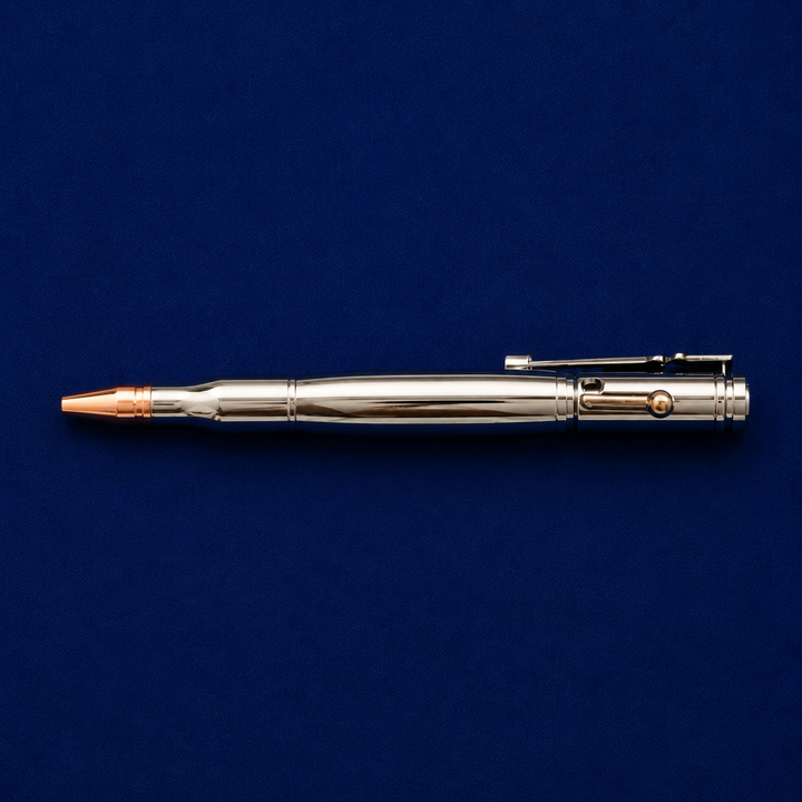 Rifle bullet pen set displayed on a blue background, showcasing its sleek metal design and rifle cartridge appearance.