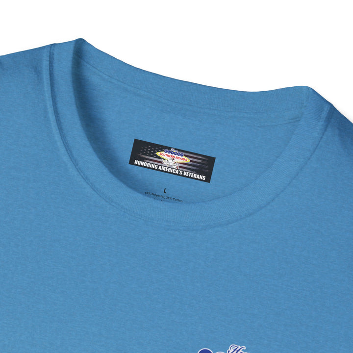 Close-up of a blue t-shirt with a label on a white background