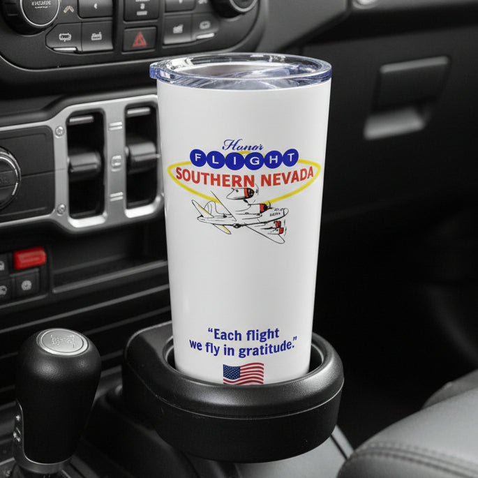 Tumbler with Honor Flight Southern Nevada design on a white background