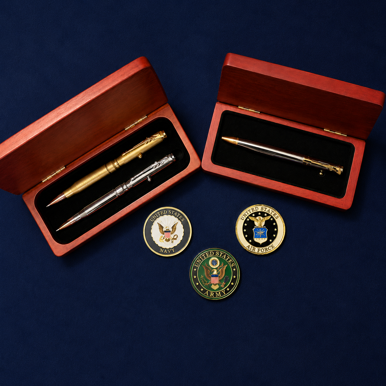 HFSN Rifle Bullet Pen Set | Military Inspired with Parker Cartridge and military challenge coins in a display case.