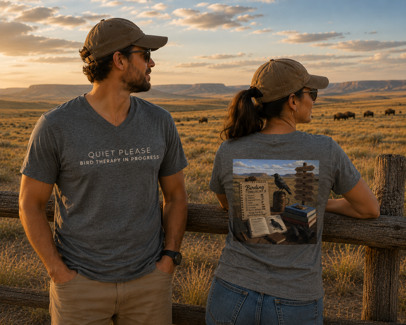 Bird Therapy regional birding V-neck t-shirt featuring the phrase "Quiet Please, Bird Therapy in Progress."