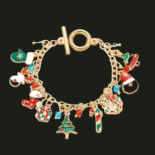 Gold bracelet with Christmas-themed charms of Mitten, Reindeer, Santa, Gift. Tree, Candy cane. Wreath, Santa