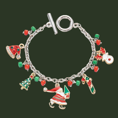 Silver bracelet with colorful Christmas-themed charms Santa Hat, Tree, Santa, Candy Cane and Reindeer