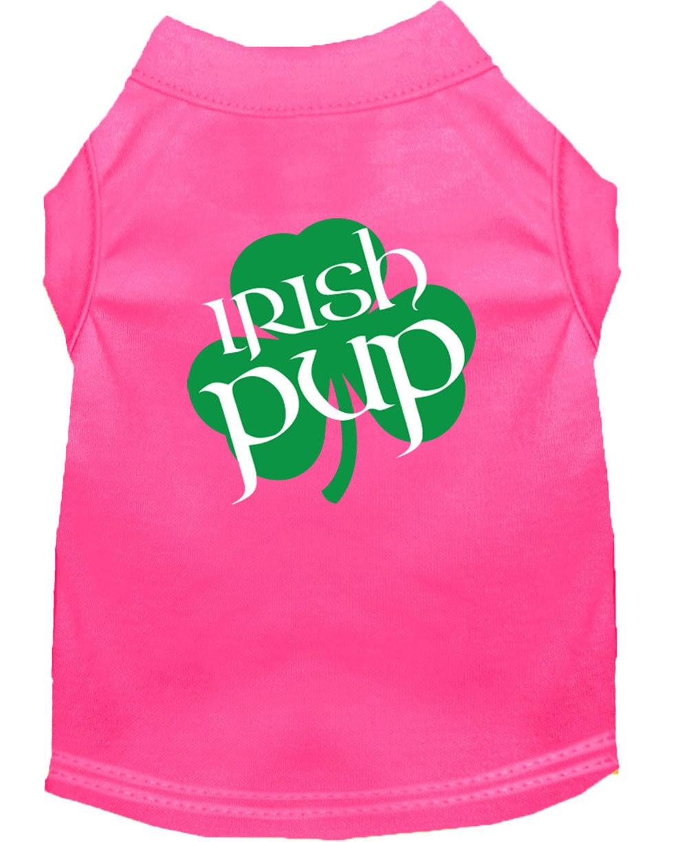 Pink dog shirt with 'Irish Pup' text and shamrock design on a white background