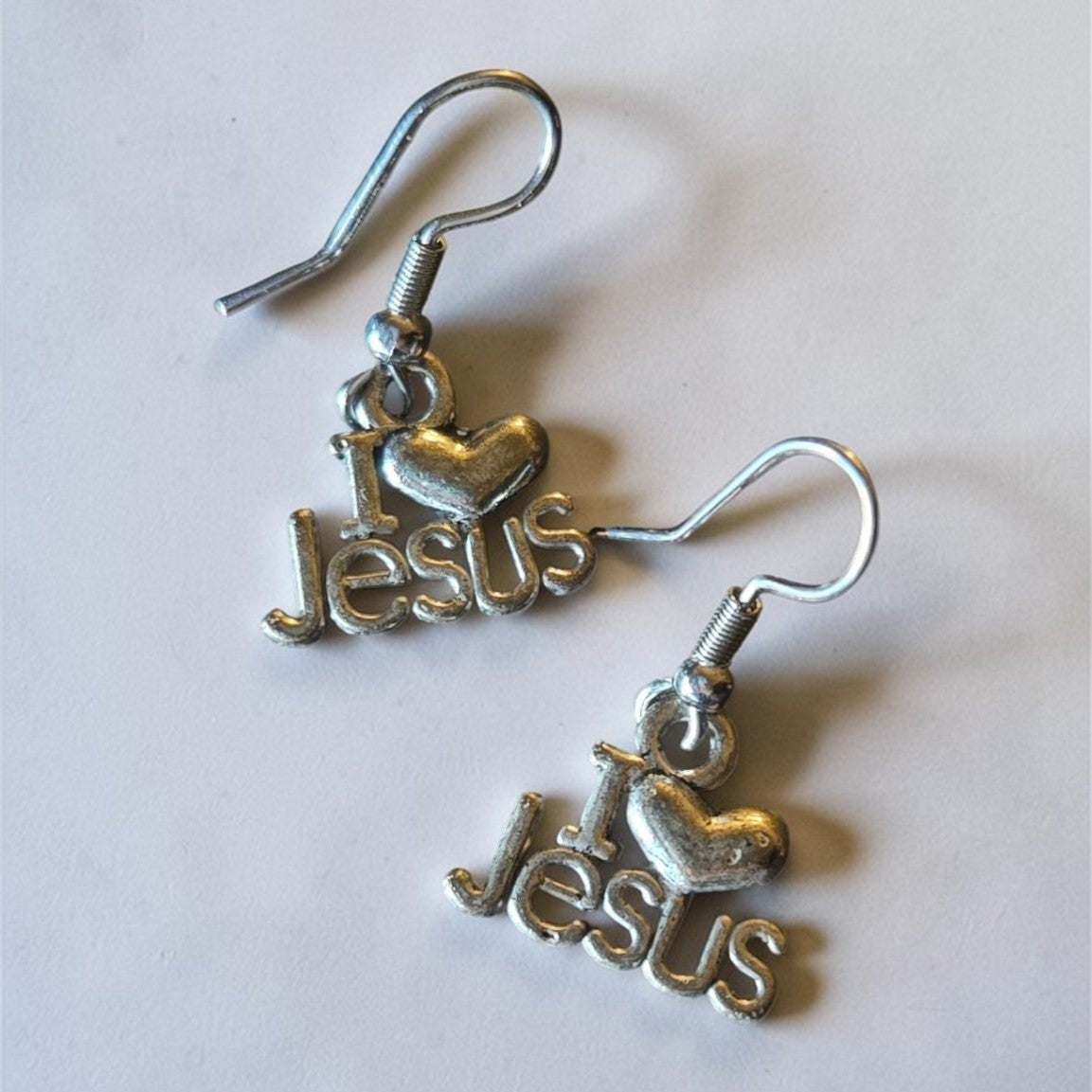 Silver I Love Jesus dangle earrings with heart design, Christian faith jewelry for everyday wear