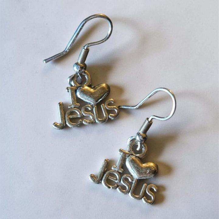 Silver I Love Jesus dangle earrings with heart design, Christian faith jewelry for everyday wear