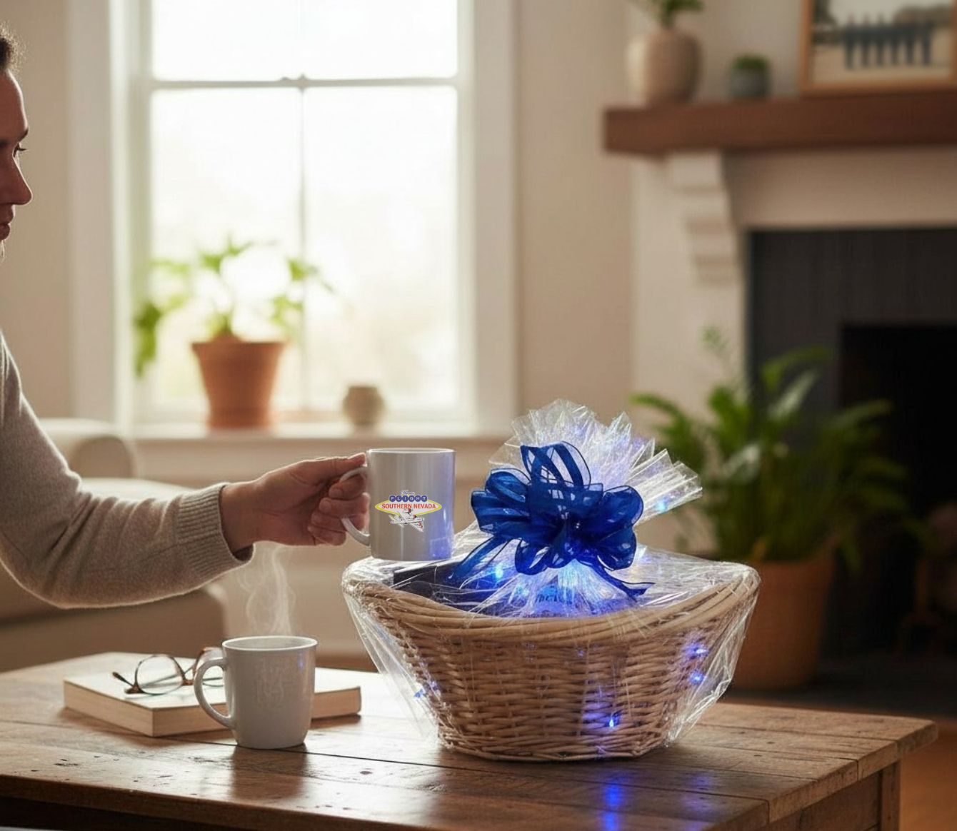 Person holding a mug next to a gift basket with a blue bow on a wooden table.