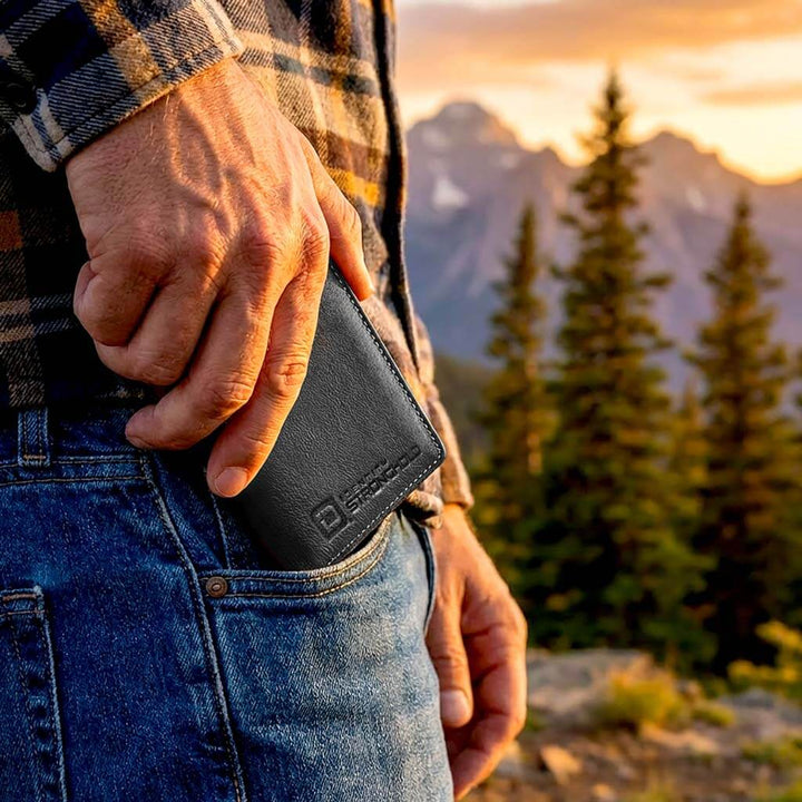 Person holding RFID bifold leather wallet in pocket against scenic mountain backdrop.