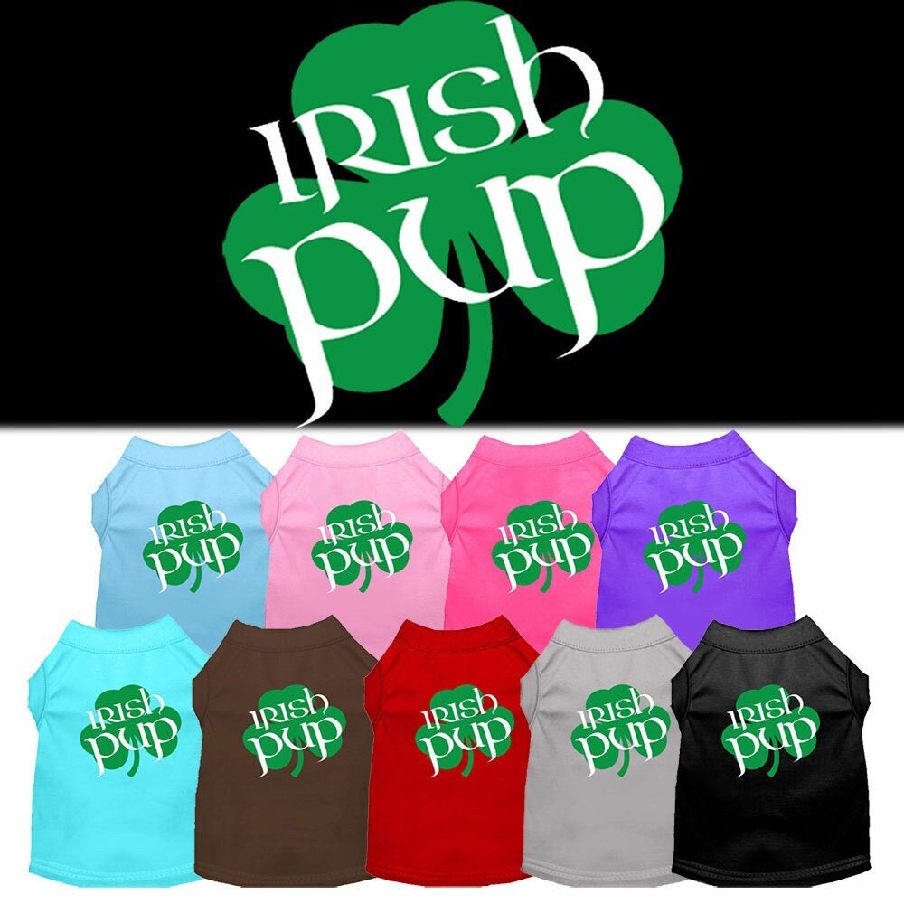 Collection of dog shirts with 'Irish Pup' design in various colors on a black background.