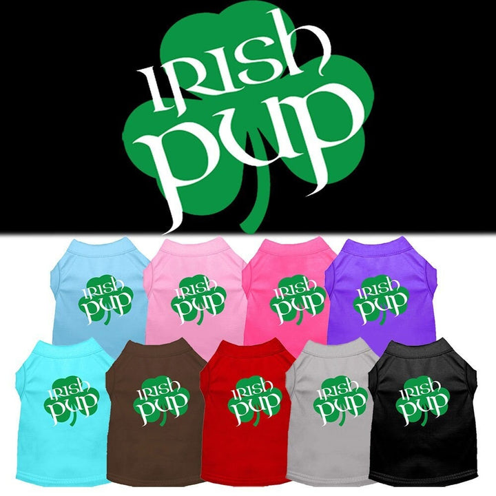 Collection of dog shirts with 'Irish Pup' design in various colors on a black background.