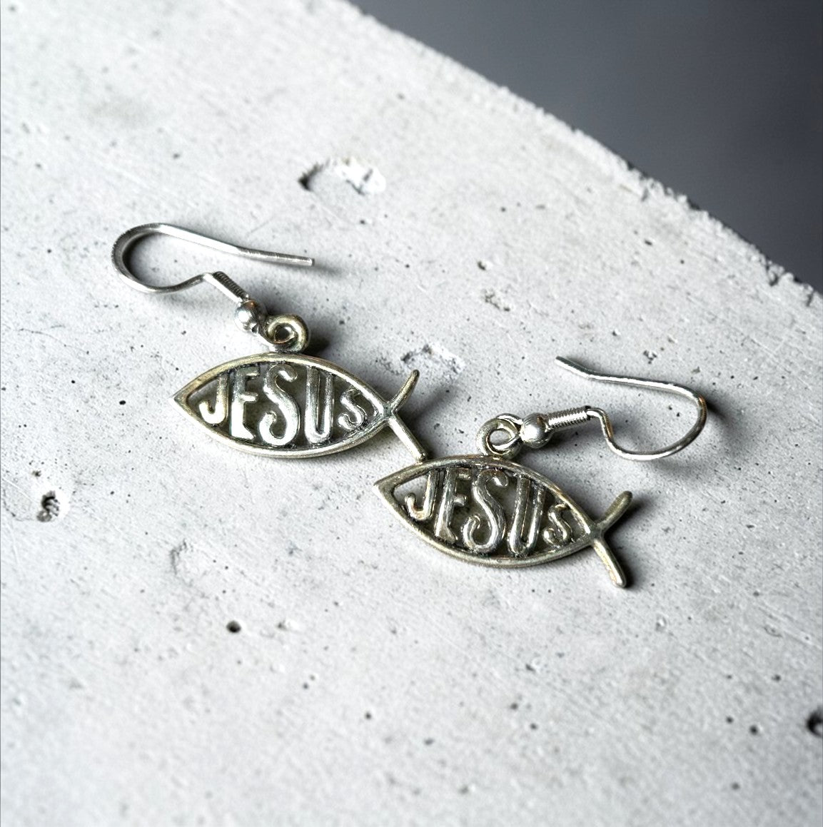 Silver Jesus fish earrings with Ichthys symbol and Jesus text, Christian faith dangle jewelry