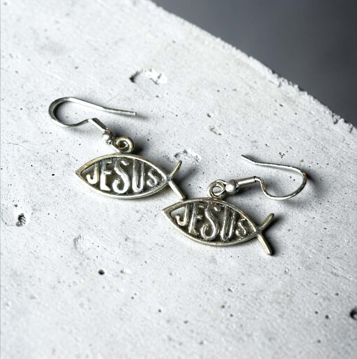 Silver Jesus fish earrings with Ichthys symbol and Jesus text, Christian faith dangle jewelry