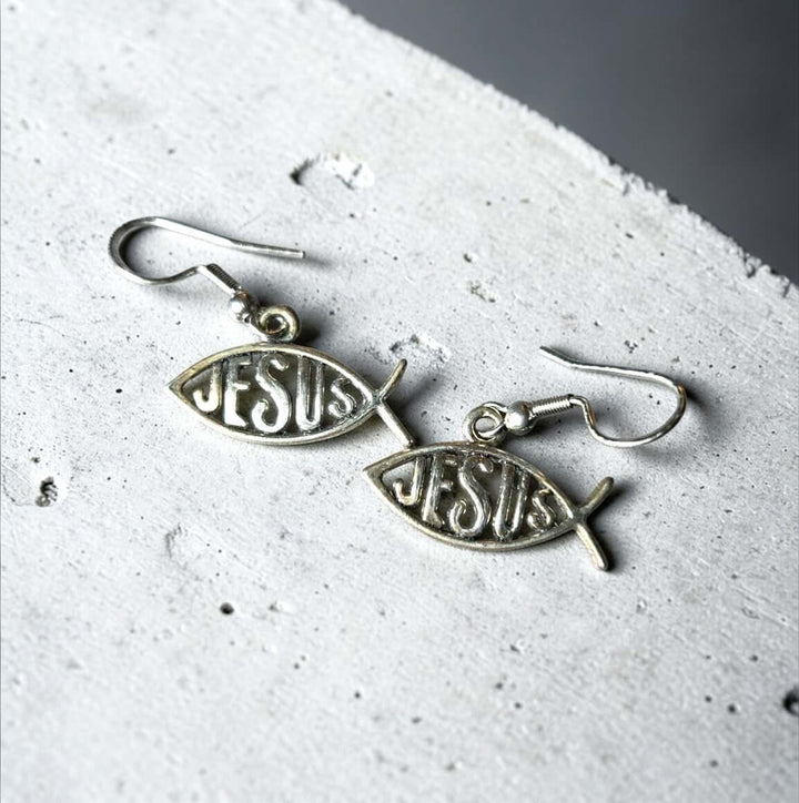 Silver Jesus fish earrings with Ichthys symbol and Jesus text, Christian faith dangle jewelry