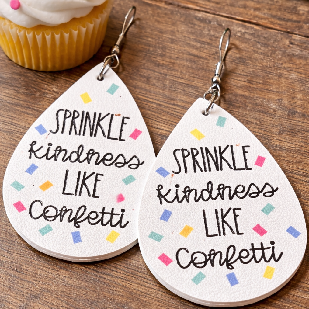 Teardrop Sprinkle Kindness earrings with colorful confetti design and positive message, hypoallergenic jewelry by Sonya Lee.
