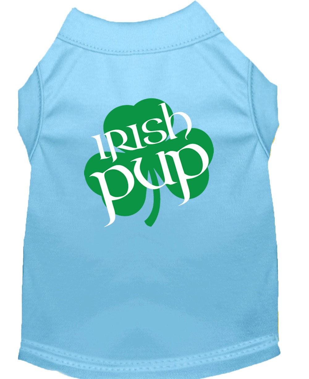 Light blue dog tank top with 'Irish Pup' text and shamrock design on a white background
