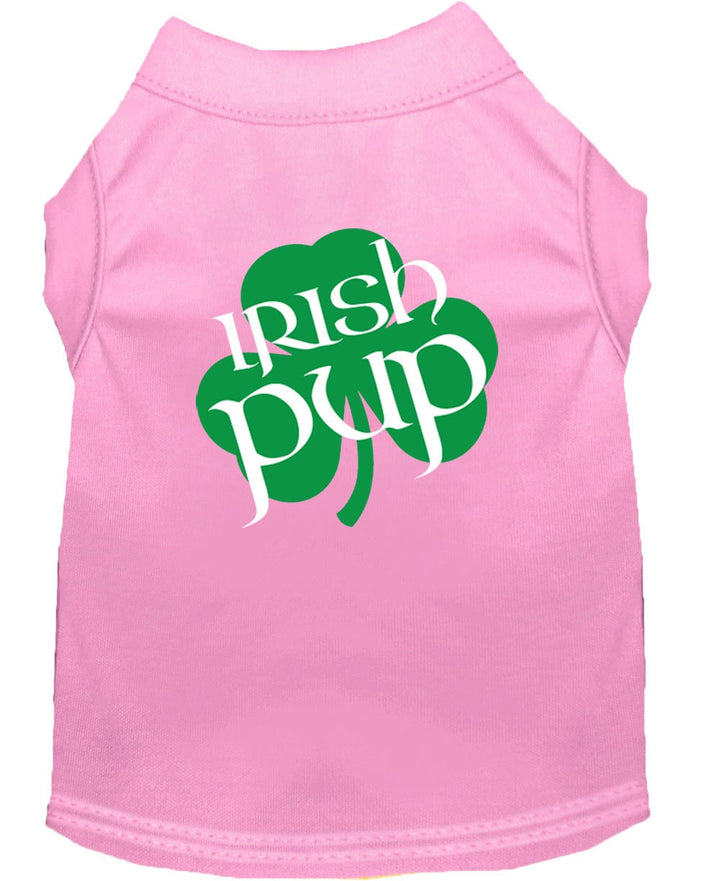 Pink dog tank top with 'Irish Pup' design on a white background