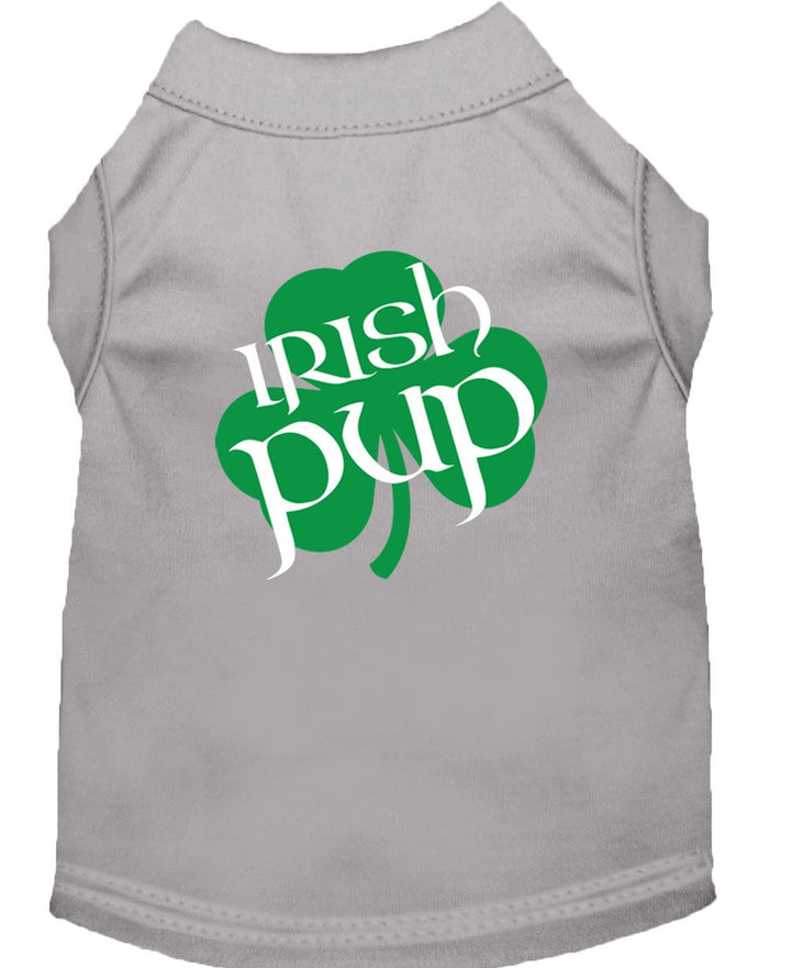 Gray dog shirt with 'Irish Pup' design on a white background