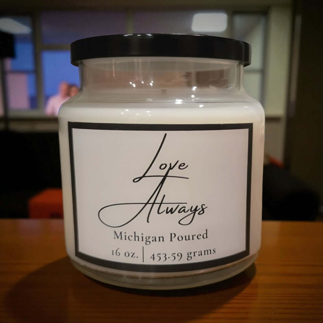 16 oz Jar of soy wax candle with 'Love Always" label.