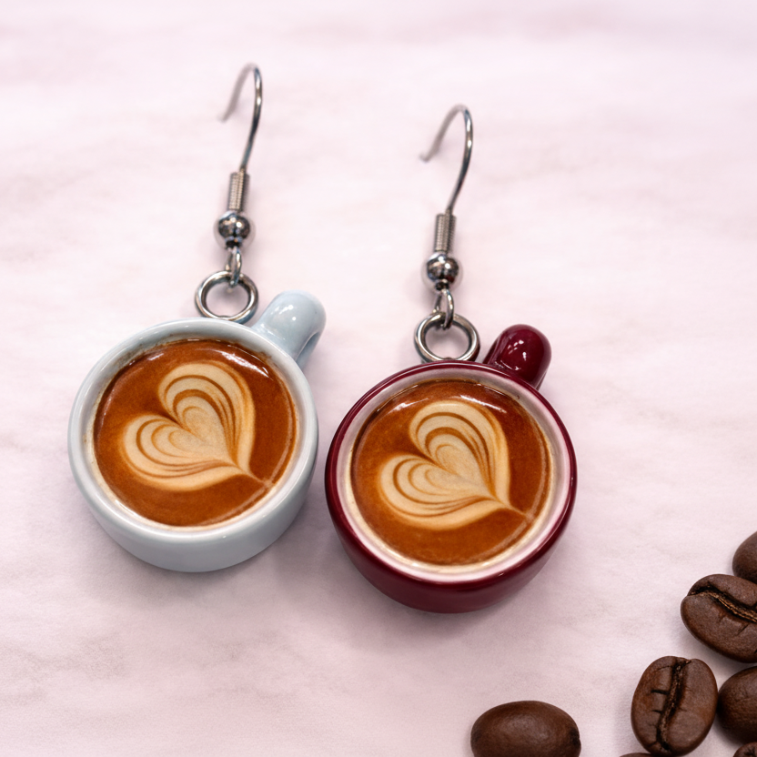 Latte cup dangle earrings with heart foam design, coffee-inspired and hypoallergenic, from the Jewelry by Sonya Lee collection.