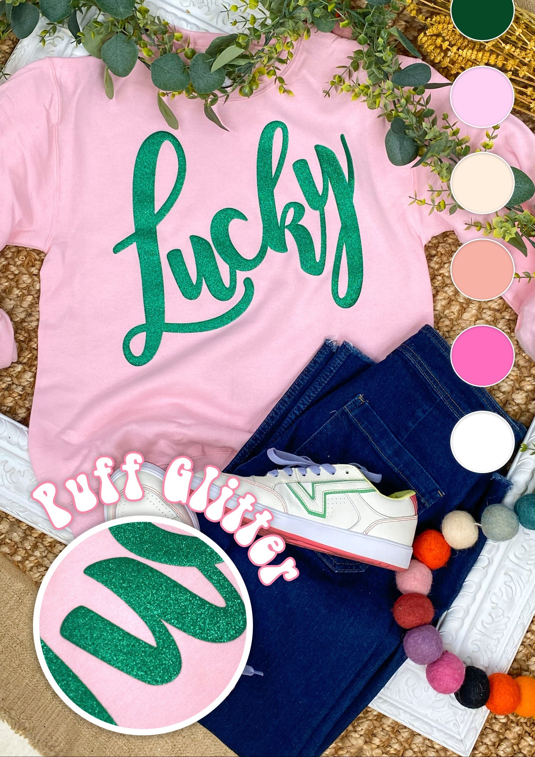 St Patrick's Day lucky glitter puff graphic sweatshirt shamrock lucky pullover festive holiday sweatshirt