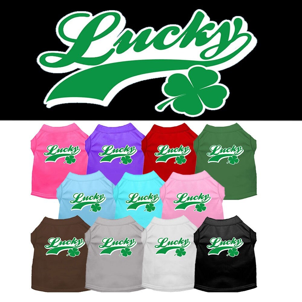 Collection of colorful pet shirts with 'Lucky' and clover design on a white background.