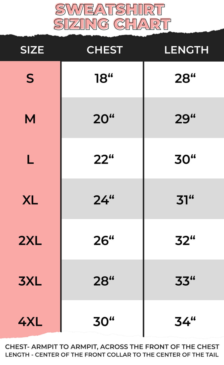 Sweatshirt sizing chart with size chart and measurements