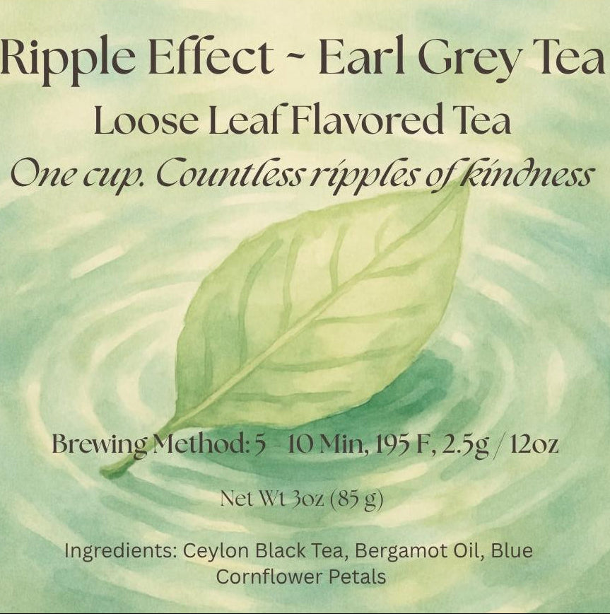 Tea packaging for 'Ripple Effect - Earl Grey Tea' with a leaf design and text about tea properties.
