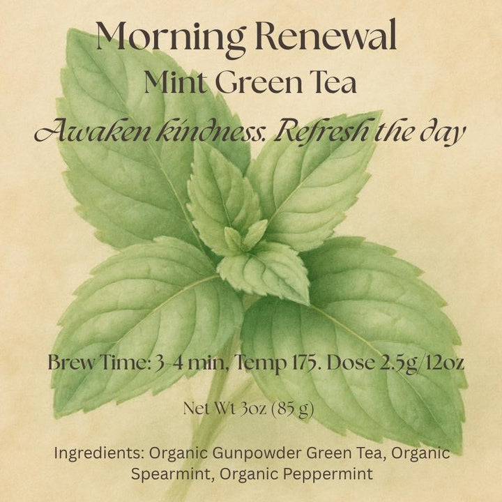 KindLeaf Tea package for 'Morning Renewal Mint Green Tea' with tea leaves and branding details.