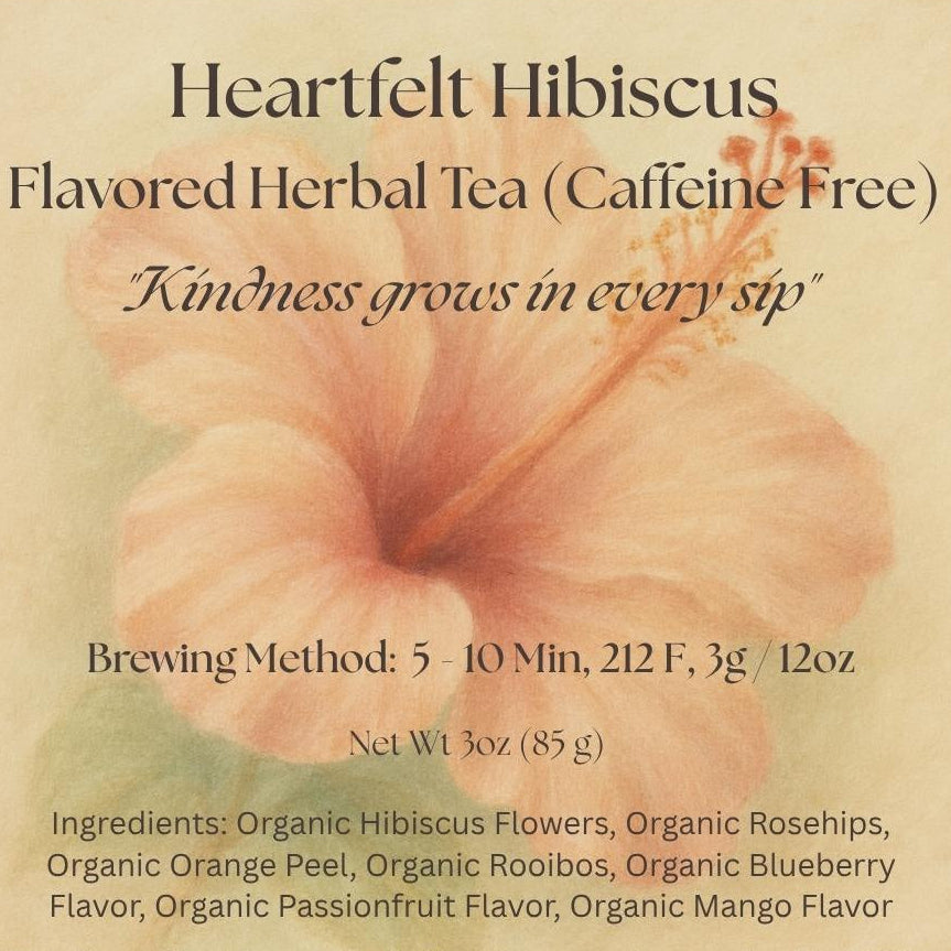 KindLeaf Tea package with heart-shaped hibiscus flower and text about the tea.
