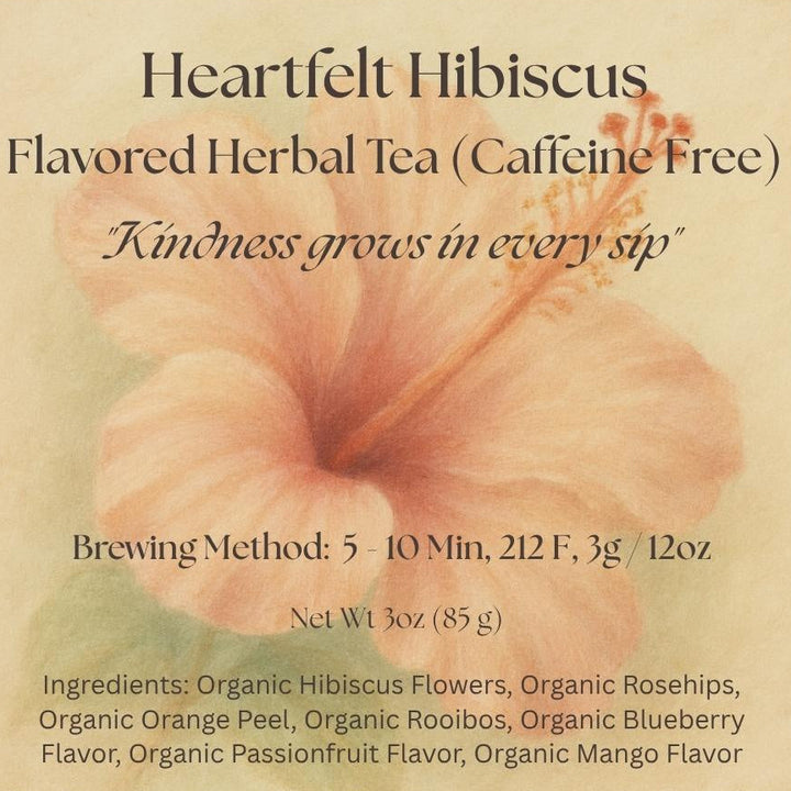 KindLeaf Tea package with heart-shaped hibiscus flower and text about the tea.