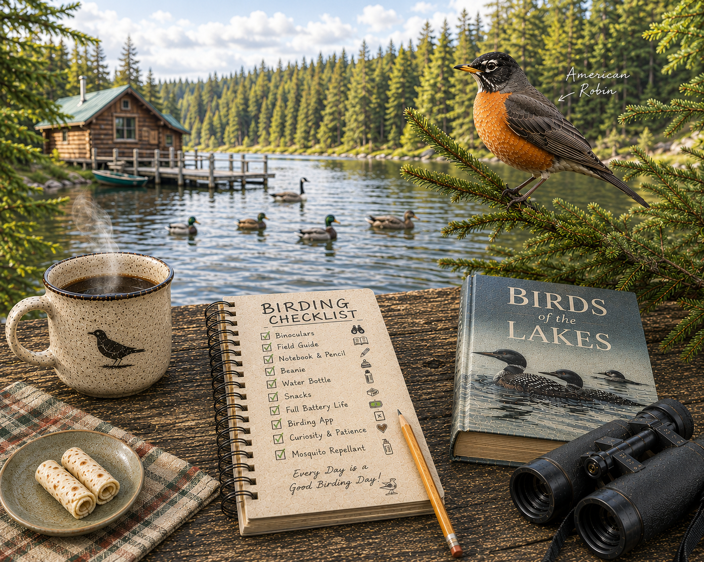 Birdwatching setup with a mug, checklist, book, binoculars, and Robin on a branch.