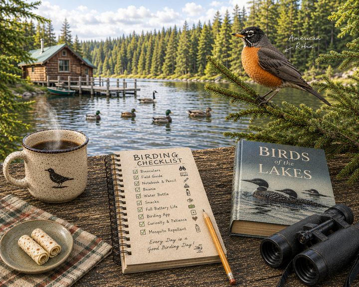 Birdwatching setup with a mug, checklist, book, binoculars, and Robin on a branch.