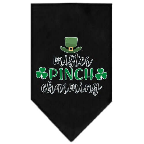 Black Pet bandana with Mister inch Charming written on it