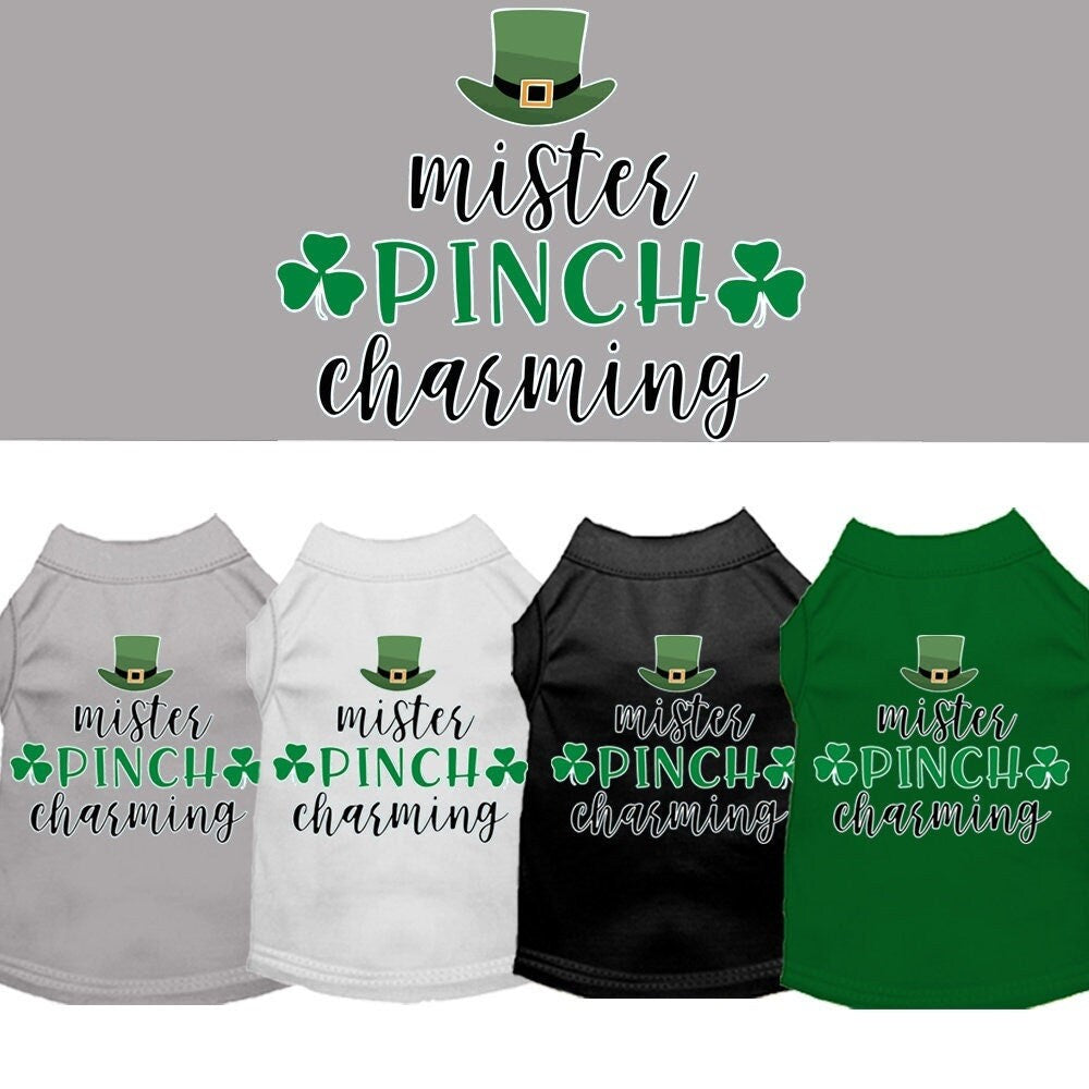 Four pet shirts with 'mister PINCH charming' text and a green hat graphic on a gray background.
