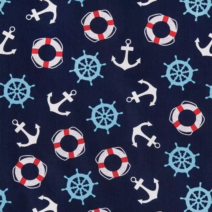 nautical dog bandana summer pattern featuring anchors and life rings on a navy background