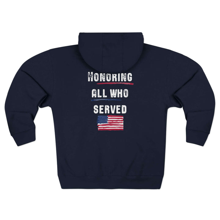 Navy blue hoodie with 'Honoring All Who Served' text and American flag on a white background