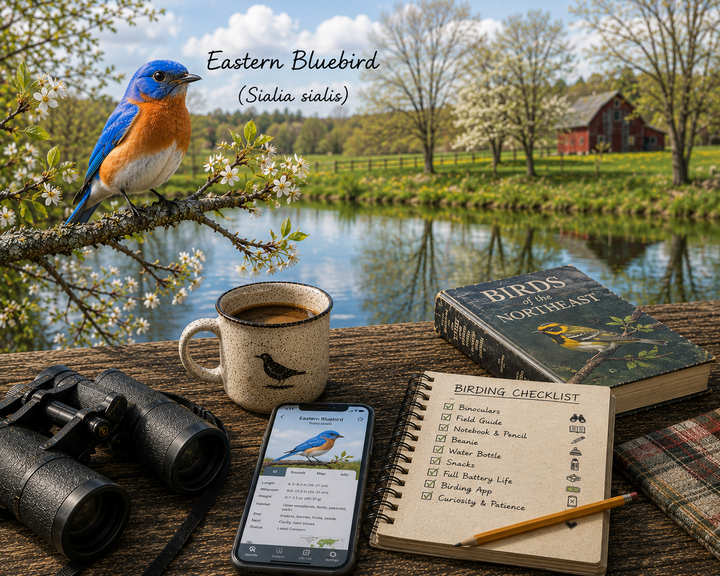 Eastern Bluebird perched on a branch with a scenic background, including a book, coffee mug, binoculars, and smartphone.