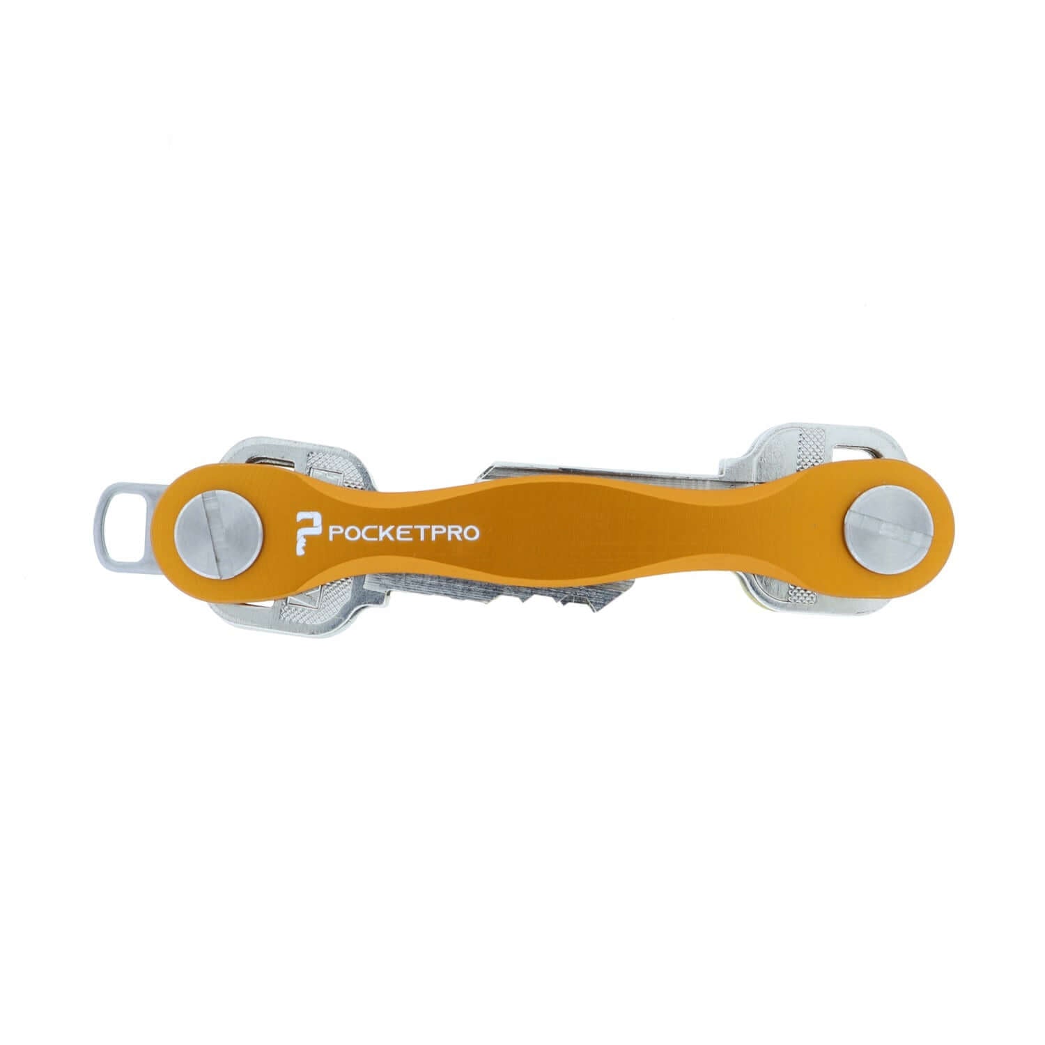 Orange PocketPro Edge slim aluminum key organizer holding multiple keys in compact quiet pocket-friendly design