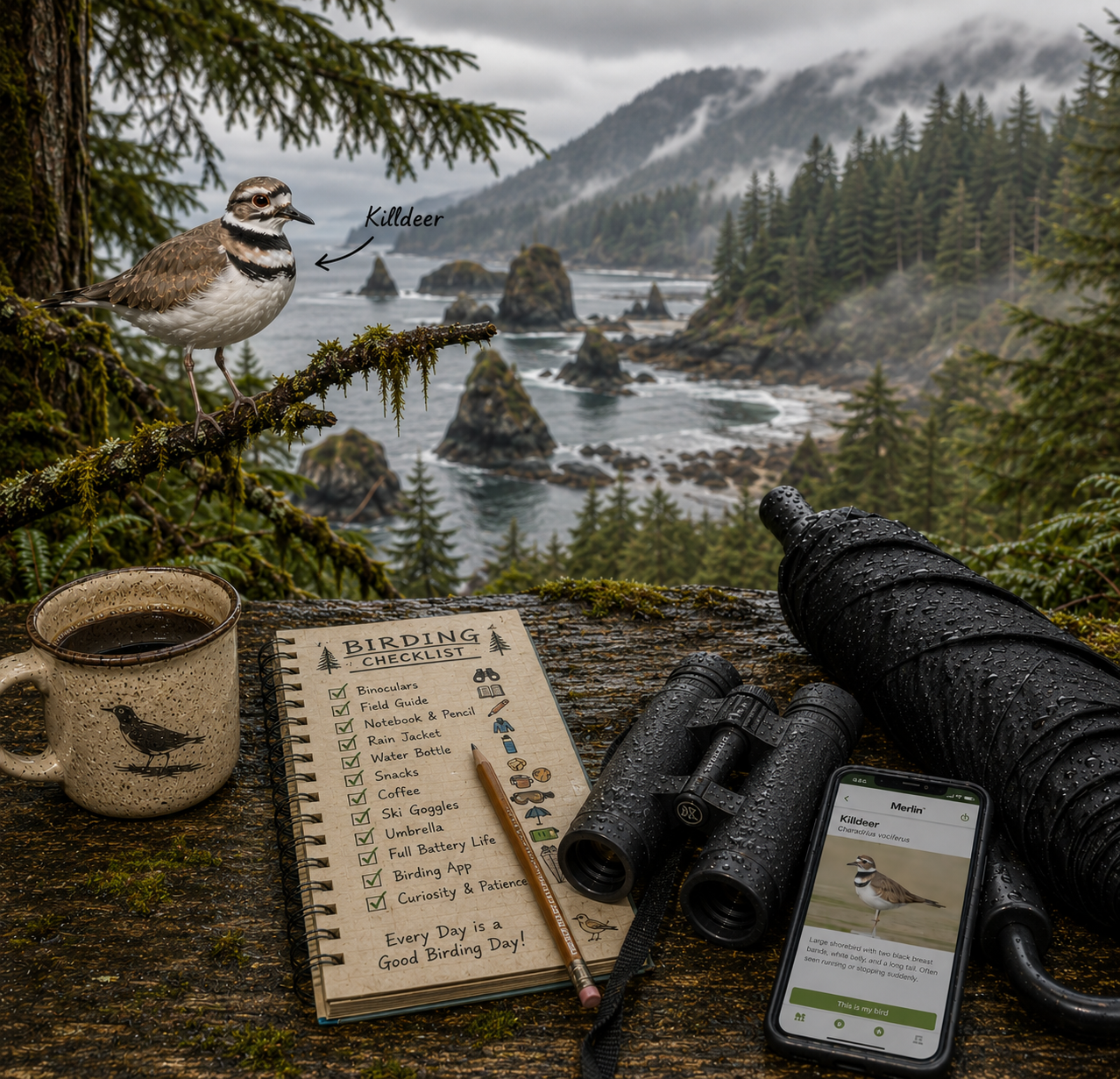 Birdwatching setup with a bird, coffee, notebook, binoculars, and phone on a forested lakeside background.