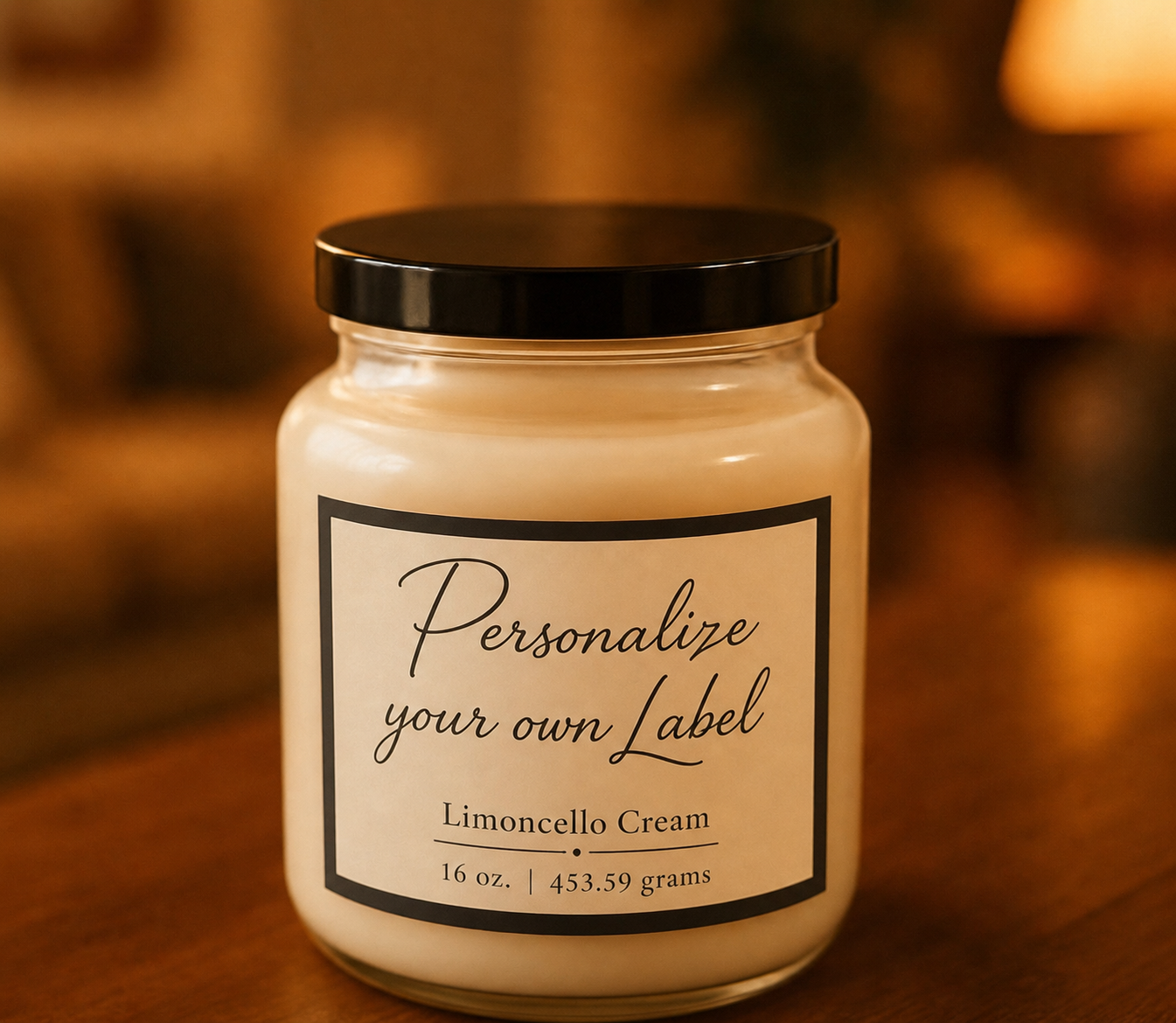 Personalized Candle,  Limoncello Cream scent, with a customizable label on a wooden surface.