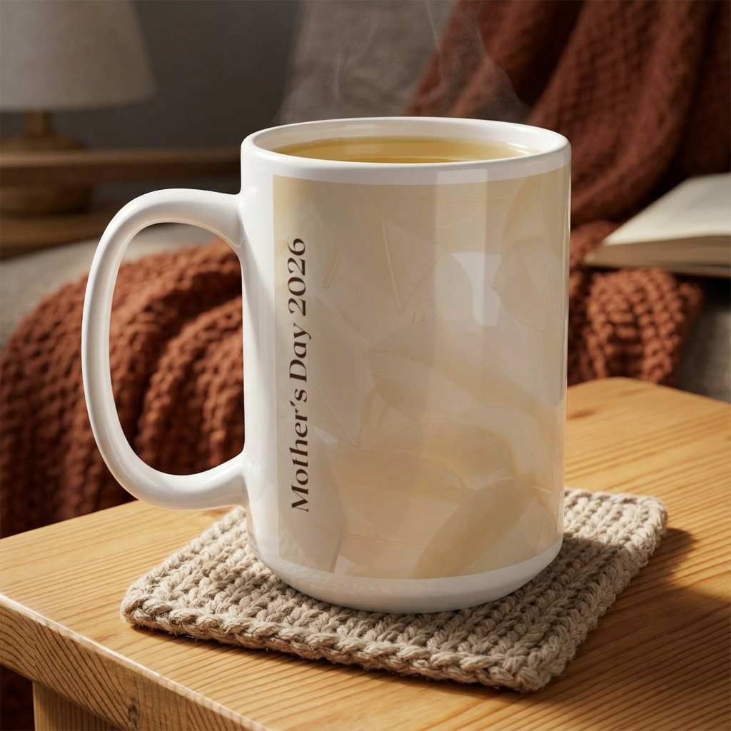Personalized motivational mug with the inscription "Mother's Day 2026" on a cozy table setting.