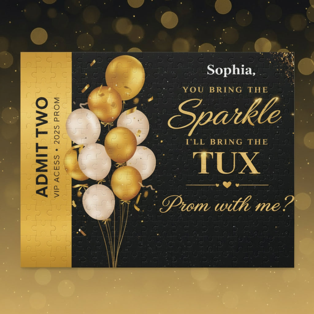 Prom invitation card with balloons and personalized text on a black background