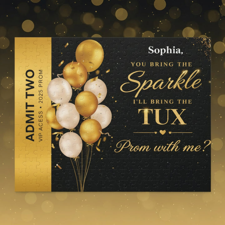 Prom invitation card with balloons and personalized text on a black background