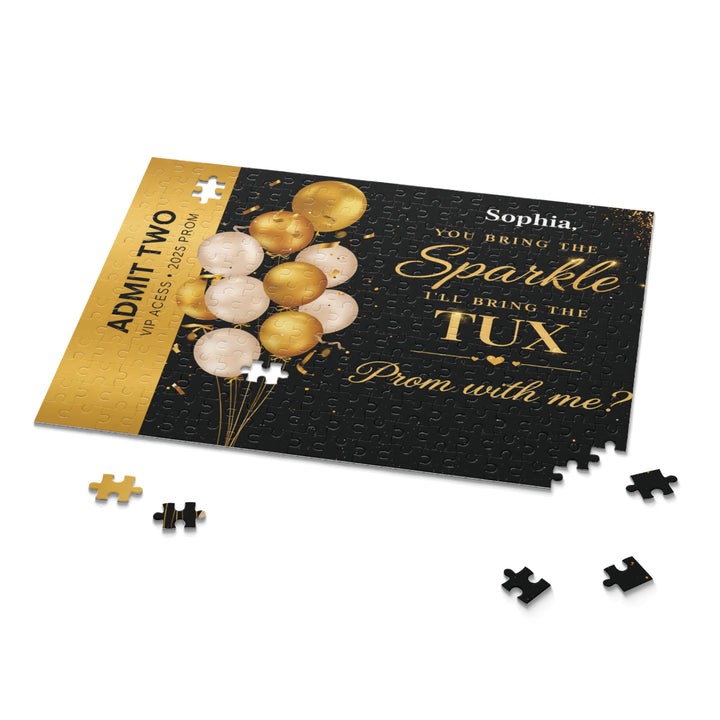 Prom-themed puzzle with balloons and a romantic message on a white background