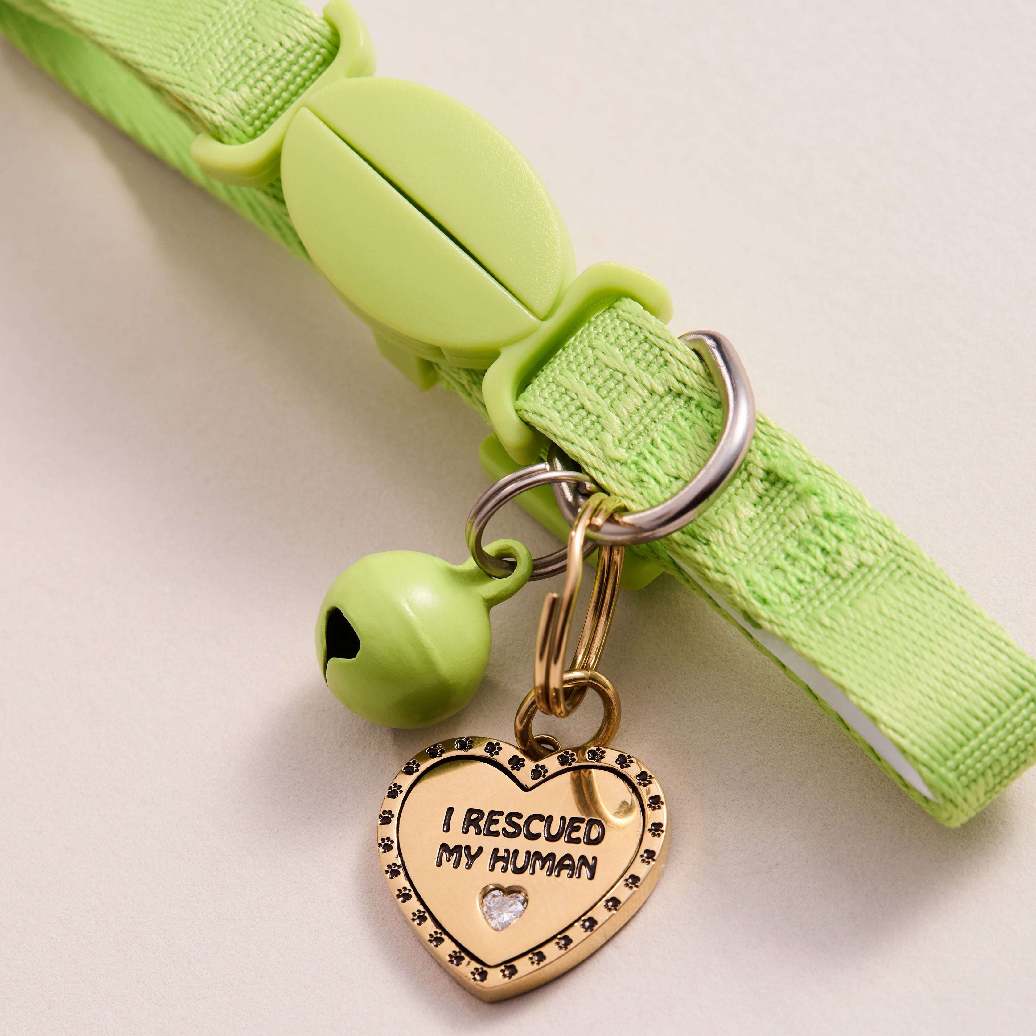 Green cat collar with a gold heart-shaped tag on a light background